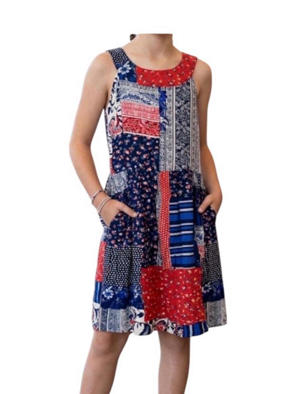 Tween Diva Patchwork Dress Size 12 Red Blue White Sleeveless Pocket Crochet Back